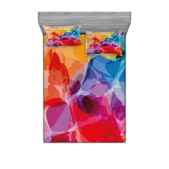 Floral Fitted Sheet & Pillow Sham Set, Vibrant Colors Abstract Creative Watercolor Style Flower Pattern Design, Decorative Printed 6 Piece Bedding Decor Set, Calking, Multicolor, by Ambesonne