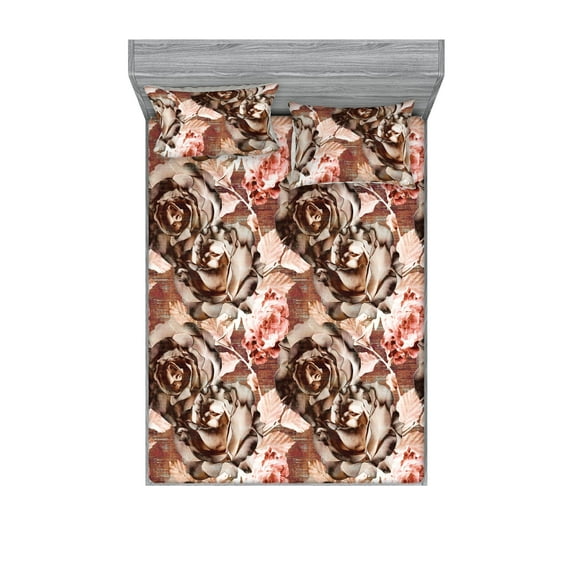 Floral Fitted Sheet & Pillow Sham Set, Vintage Graphic Flourishes Pattern of Roses Leaves and Peony Print, Decorative Printed 3 Piece Bedding Decor, Full, Cinnamon Brown and Pale Ruby, by Ambesonne