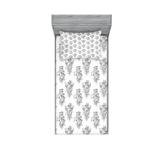 Floral Fitted Sheet & Pillow Sham Set, Vintage Monochrome Design Outline Graphic of Wild Plants with Flowers, Decorative Printed 4 Piece Bedding Decor Set, Twin, Charcoal Grey and White, by Ambesonne