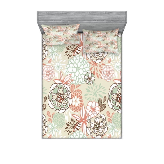 Floral Fitted Sheet & Pillow Sham Set, Vintage Romantic Wildflowers in Various Kinds Doodle Drawing Style Love, Decorative Printed 6 Piece Bedding Decor Set, Full, Pale Green Brown Peach, by Ambesonne