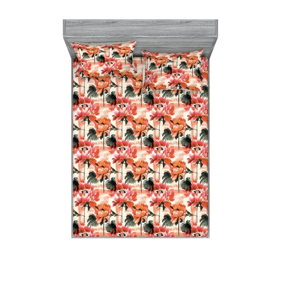 Floral Fitted Sheet & Pillow Sham Set, Vintage Style Asian Feels Watercolor Romantic Flowers Pattern Print, Decorative Printed 3 Piece Bedding Decor, Queen, Sage Green and Burnt Sienna, by Ambesonne