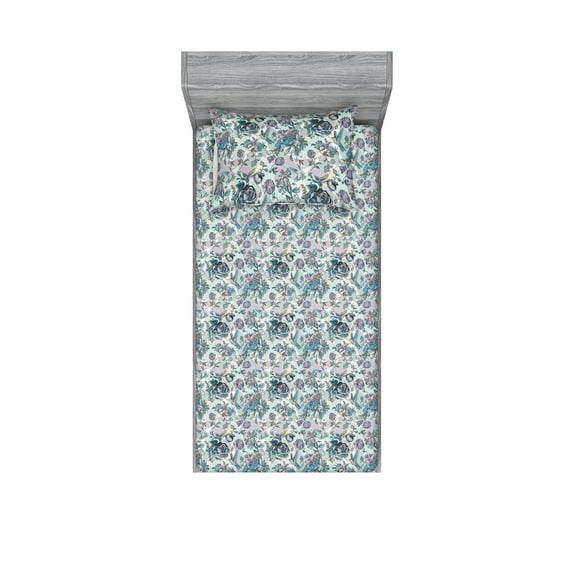 Floral Fitted Sheet & Pillow Sham Set, Vintage Style Colorful Wild Jungle Themed Bird and Blossom Drawing, Decorative Printed 2 Piece Bedding Decor, Twin, Pale Blue and Multicolor, by Ambesonne