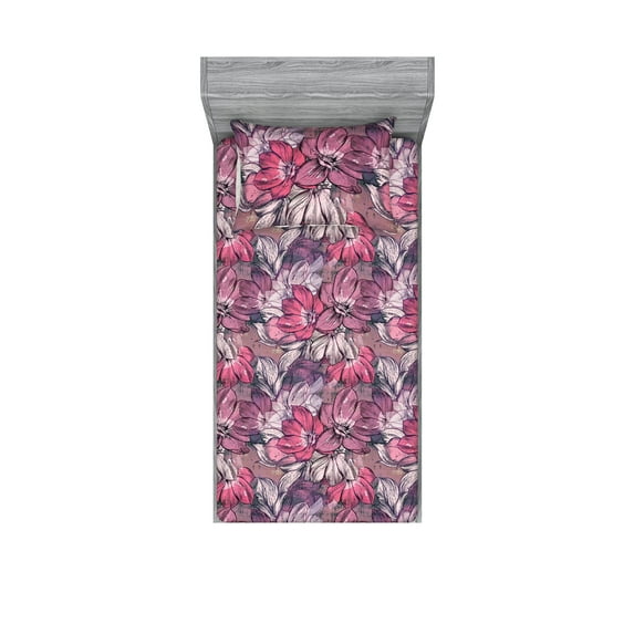 Floral Fitted Sheet & Pillow Sham Set, Vintage Style Magnolia Flowers Petal Blooming Grunge Artwork, Decorative Printed 2 Piece Bedding Decor, Twinxl, Pastel Pink and Pale Eggplant, by Ambesonne