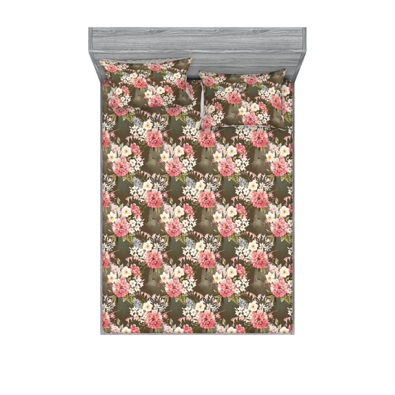 Floral Fitted Sheet & Pillow Sham Set, Vintage Theme Nostalgic Look Flower Sketch on Weathered Background, Decorative Printed 3 Piece Bedding Decor, King, Sepia Pale Rose and Fawn, by Ambesonne
