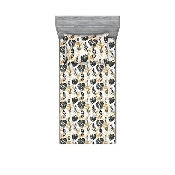 Floral Fitted Sheet & Pillow Sham Set, Watercolor Abstract Flowers Nature Romantic Branch and Leaves Art, Decorative Printed 2 Piece Bedding Decor, Twin, Dark Grey and Pastel Brown, by Ambesonne