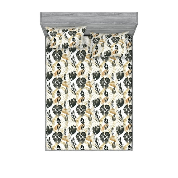 Floral Fitted Sheet & Pillow Sham Set, Watercolor Abstract Flowers Nature Romantic Branch and Leaves Art, Decorative Printed 3 Piece Bedding Decor, Full, Dark Grey and Pastel Brown, by Ambesonne