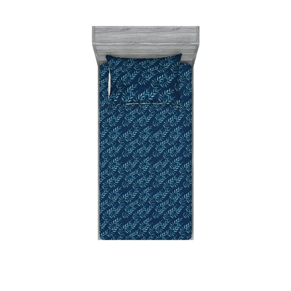 Floral Fitted Sheet & Pillow Sham Set, Watercolor Branches of Leaves Branches in Oceanic Colors Repetition, Decorative Printed 2 Piece Bedding Decor, Twin, Teal Aqua and Night Blue, by Ambesonne