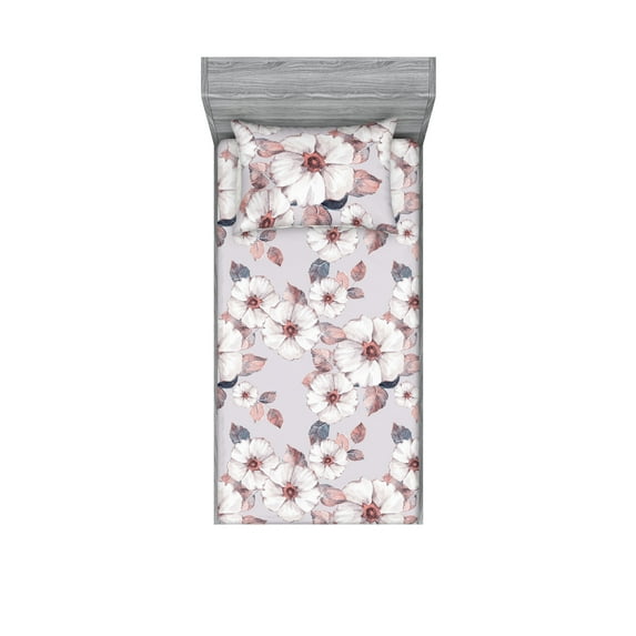 Floral Fitted Sheet & Pillow Sham Set, Watercolor Delicate Dusty Pink Detailed Flowers on Pastel Mauve Backdrop, Decorative Printed 2 Piece Bedding Decor, Twinxl, Blue Grey and Coral, by Ambesonne