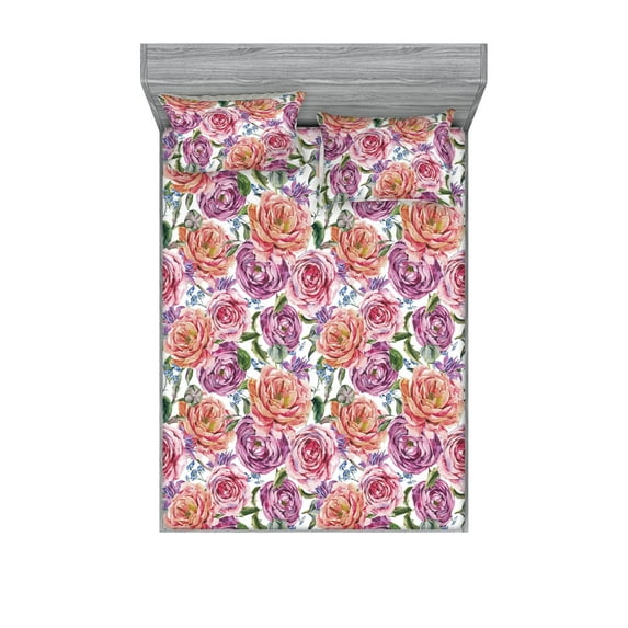 Floral Fitted Sheet & Pillow Sham Set, Watercolor Design Blossoming Wild Peony Ornamental Spring Love, Decorative Printed 3 Piece Bedding Decor, King, Salmon Pale Purple and Green, by Ambesonne