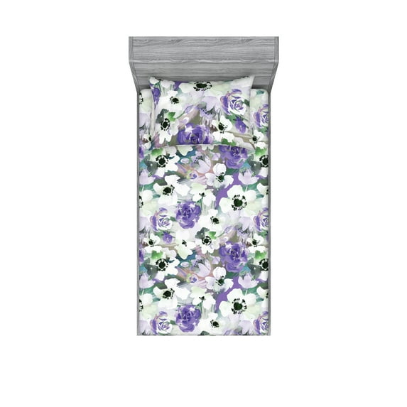 Floral Fitted Sheet & Pillow Sham Set, Watercolor Effect Pattern with Blooming Abstract Spring Petals, Decorative Printed 2 Piece Bedding Decor, Twinxl, Blue Violet and Laurel Green, by Ambesonne