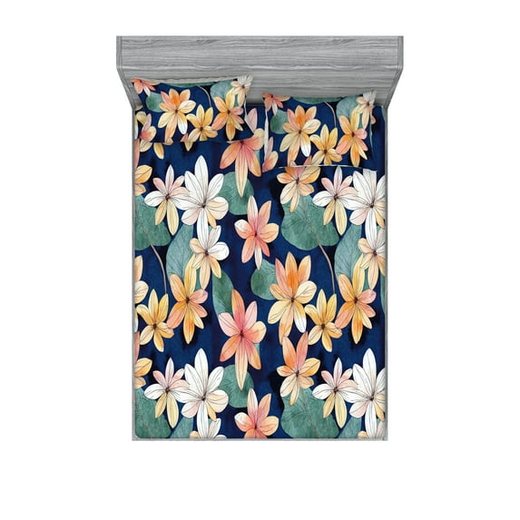 Floral Fitted Sheet & Pillow Sham Set, Watercolor Painting Effect Peachy Colored Flowers and Leaves Pattern, Decorative Printed 3 Piece Bedding Decor, Full, Navy Blue and Laurel Green, by Ambesonne