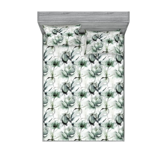 Floral Fitted Sheet & Pillow Sham Set, Watercolor Pastel Summer Flowering Branches Exotic Branches Print, Decorative Printed 3 Piece Bedding Decor, Calking, Laurel Green and Pale Grey, by Ambesonne
