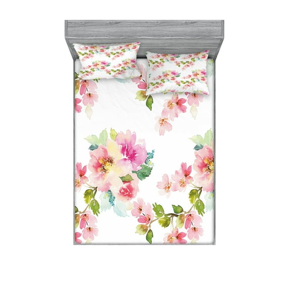 Floral Fitted Sheet & Pillow Sham Set, Watercolor Shabby Form Nature Petals in Soft Tones Picture, Decorative Printed 6 Piece Bedding Decor Set, Full, Pale Pink Fern Green, by Ambesonne