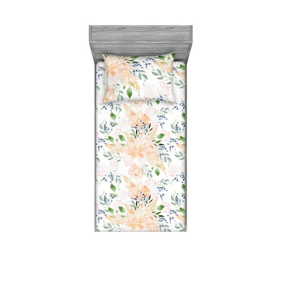 Floral Fitted Sheet & Pillow Sham Set, Watercolor Soft Colors Pattern of Flowers and Leaves Spring Love, Decorative Printed 2 Piece Bedding Decor, Twin, Peach Lavender Blue and Green, by Ambesonne