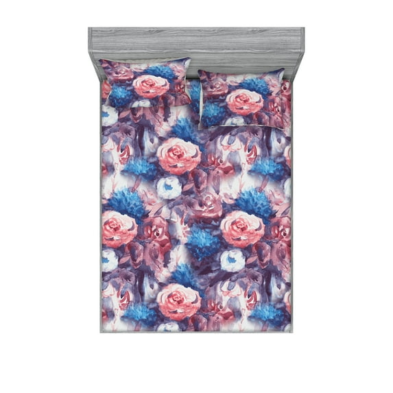 Floral Fitted Sheet & Pillow Sham Set, Watercolor Style Design Leaves Peony and Rose Ornaments Art Pattern, Decorative Printed 3 Piece Bedding Decor, Full, Blush Eggshell and Plum, by Ambesonne