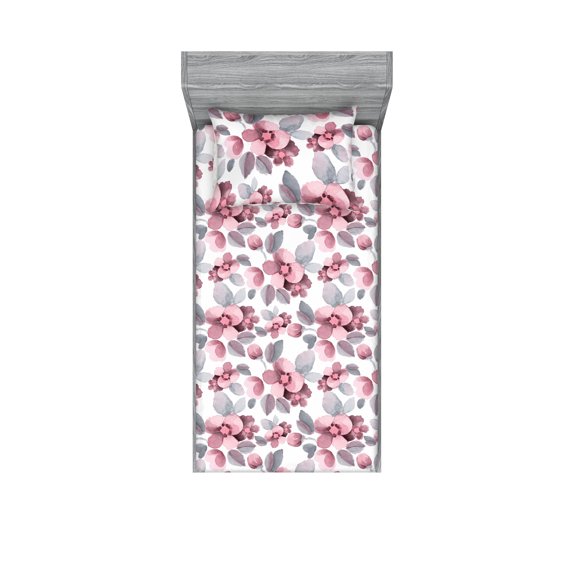 Floral Fitted Sheet & Pillow Sham Set, Watercolor Style Illustrated Flower Sketch Pattern Soft Colors Romantic Hues, Decorative Printed 2 Piece Bedding Decor, Twinxl, Dimgray Dried Rose, by Ambesonne