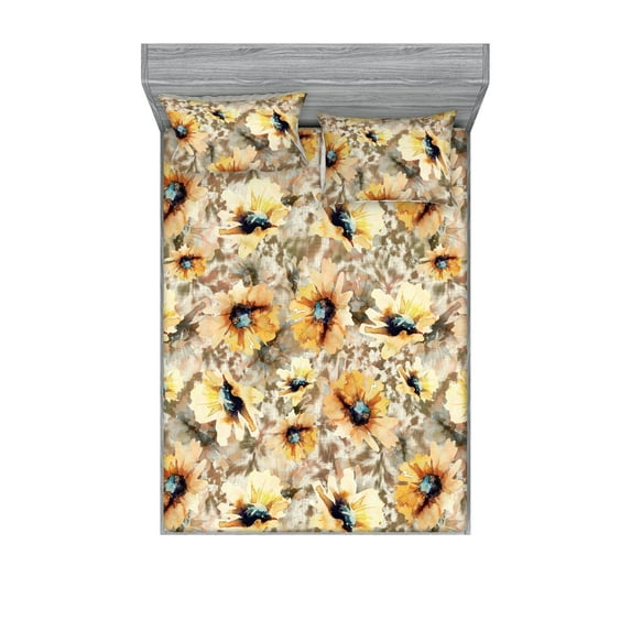 Floral Fitted Sheet & Pillow Sham Set, Watercolor Themed Print of Blooming Summer Dream Meadow Petals, Decorative Printed 3 Piece Bedding Decor, Full, Sepia Mustard and Pale Orange, by Ambesonne