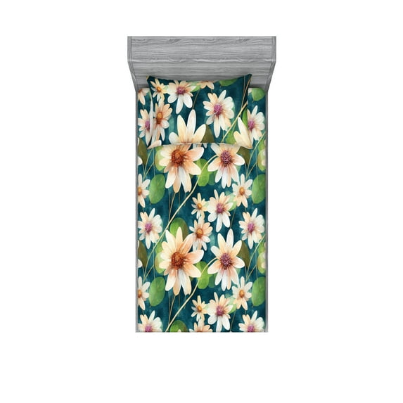 Floral Fitted Sheet & Pillow Sham Set, Waterlily Leaves and Blooming Summer Flowers Wild Garden of Flourishes, Decorative Printed 2 Piece Bedding Decor, Twinxl, Fern Green Peach Teal, by Ambesonne