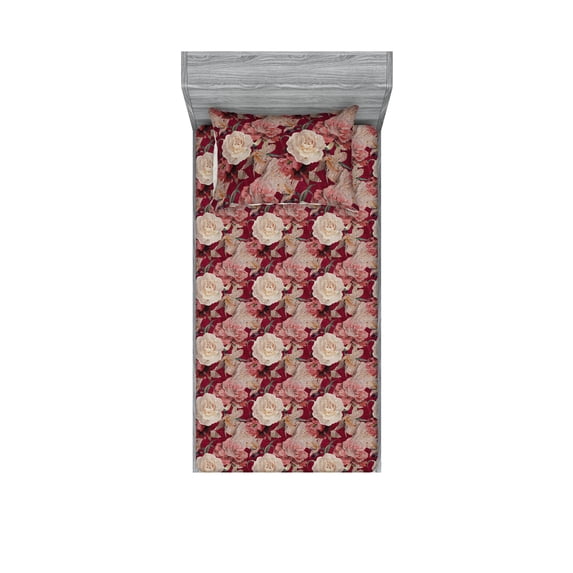 Floral Fitted Sheet & Pillow Sham Set, Weathered Look Roses and Lily Flowers Repeated Artwork Vintage Print, Decorative Printed 2 Piece Bedding Decor, Twinxl, Magenta Eggshell and Rose, by Ambesonne