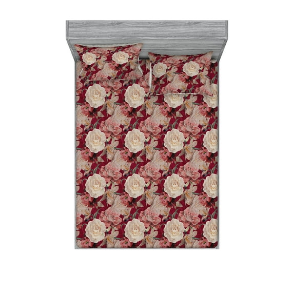 Floral Fitted Sheet & Pillow Sham Set, Weathered Look Roses and Lily Flowers Repeated Artwork Vintage Print, Decorative Printed 3 Piece Bedding Decor, Full, Magenta Eggshell and Rose, by Ambesonne