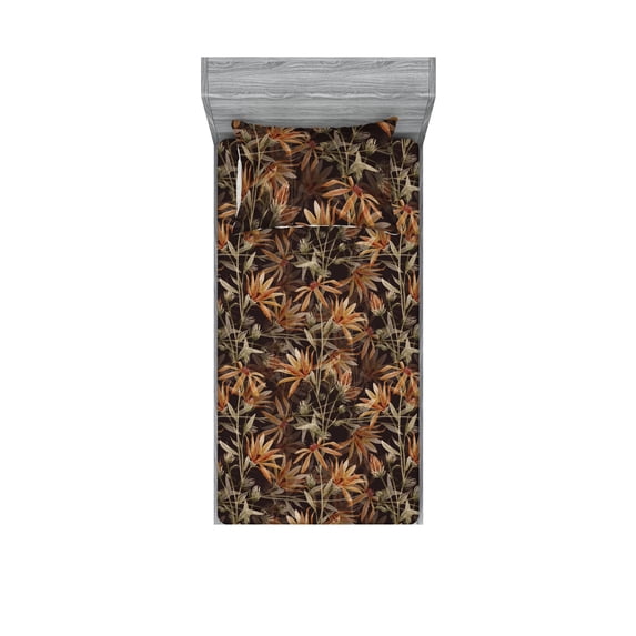 Floral Fitted Sheet & Pillow Sham Set, Wild Flowers Blooming Watercolor Blurry Effect Vintage Concept, Decorative Printed 2 Piece Bedding Decor, Twin, Cinnamon Seal Brown and Sepia, by Ambesonne