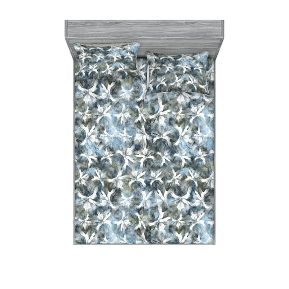 Floral Fitted Sheet & Pillow Sham Set, Wild Forest Inspired Flower Silhouette Pattern on Multicolored Backdrop, Decorative Printed 3 Piece Bedding Decor, King, Pale Blue and Ivory, by Ambesonne