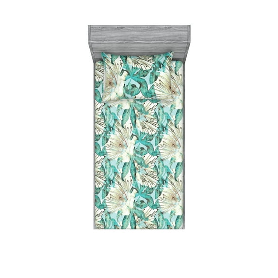 Floral Fitted Sheet & Pillow Sham Set, Wild Nature Theme Forest Flower Watercolor With Leaves Print Artwork, Decorative Printed 2 Piece Bedding Decor, Twinxl, Ivory Seafoam Turquoise, by Ambesonne