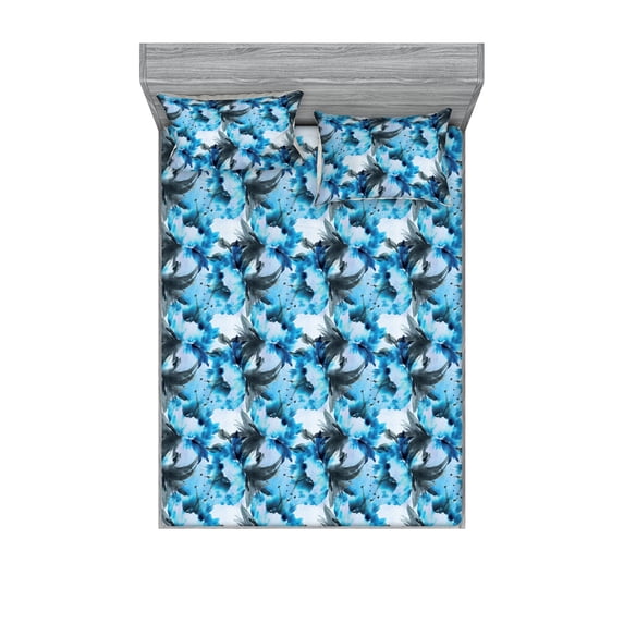 Floral Fitted Sheet & Pillow Sham Set, Winter Theme Watercolor Style Sketch Artwork of Flower Pattern Print Artwork, Decorative Printed 3 Piece Bedding Decor, King, White Soft Blue, by Ambesonne