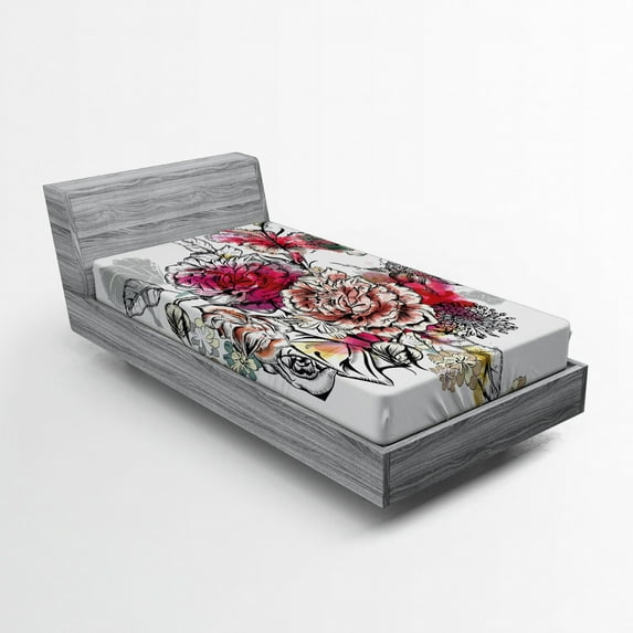 Floral Fitted Sheet, Romantic Rose Petals Bouquet Bridal Wedding Themed Nostalgic Blooms in Mixed Colors, Soft Decorative Fabric Bedding, Twin Size, Multicolor, by Ambesonne