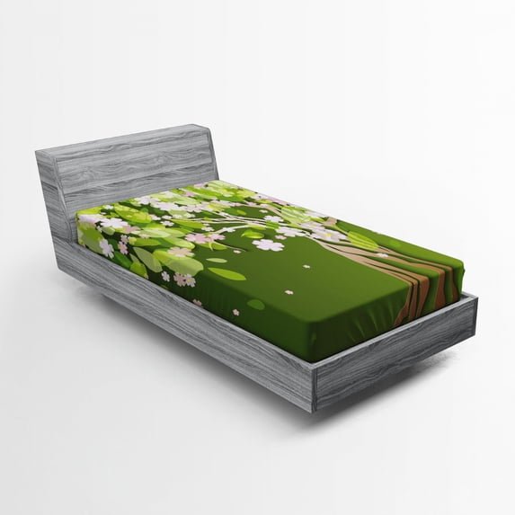 Ambesonne Tree Fitted Sheet, Blossoming Petals Florets, Twin XL Size, Fern Green Pale Pink
