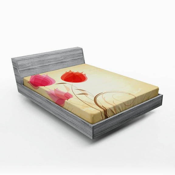 Floral Fitted Sheet, Tulips Flourishing Hazy Florets Essence Nature Beauty Themed Flower Design, Soft Decorative Fabric Bedding, Full Size, Sand Brown Red Pink, by Ambesonne