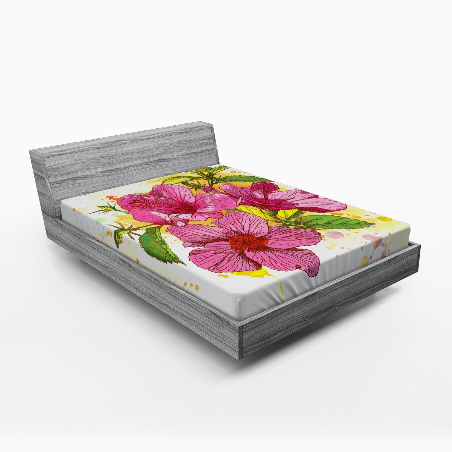 Floral Fitted Sheet, Vibrant Hibiscus Flower Bouquet Exotic Watercolor