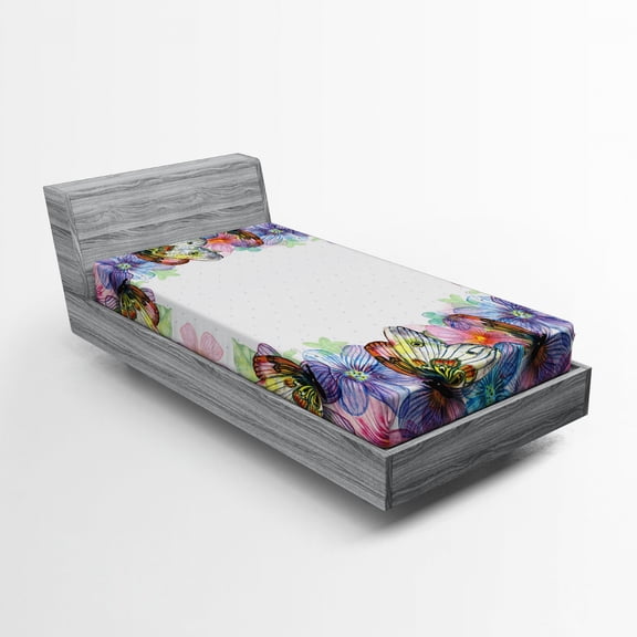 Floral Fitted Sheet, Watercolor Design Vivid Spring Petals and Butteefflies Frame, Soft Decorative Fabric Bedding, Twin Size, Multicolor, by Ambesonne