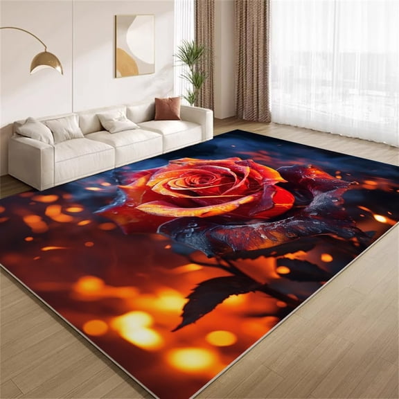 Floral Flame Rose Area Rugs, Black Red Plant Carpet, Washable Non Slip Low Pile Soft Rug for Entryway Bedroom Decor Mat 3ftx5ft