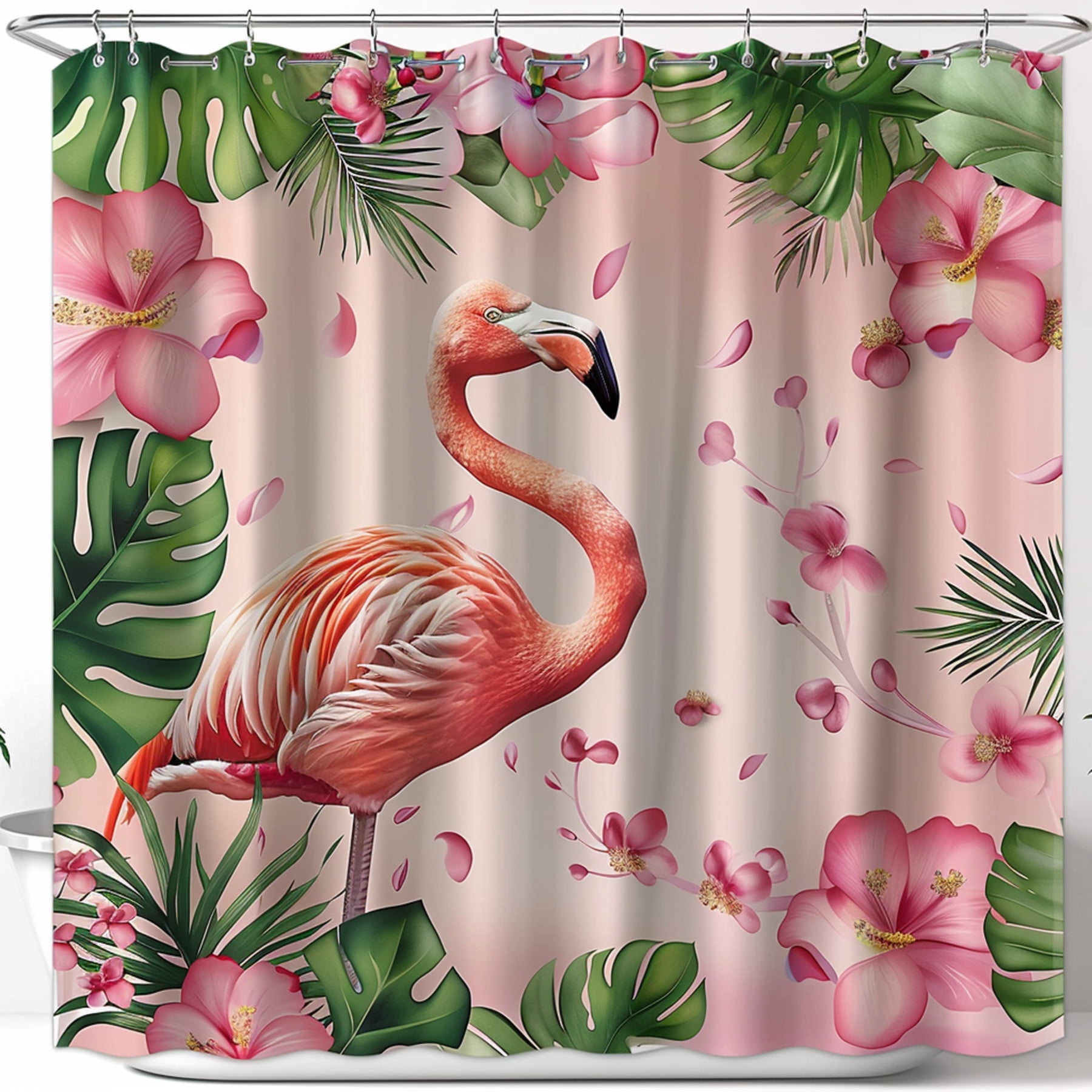 Floral Flamingo Shower Curtain Pink Flower Bathroom Decor with Tropical