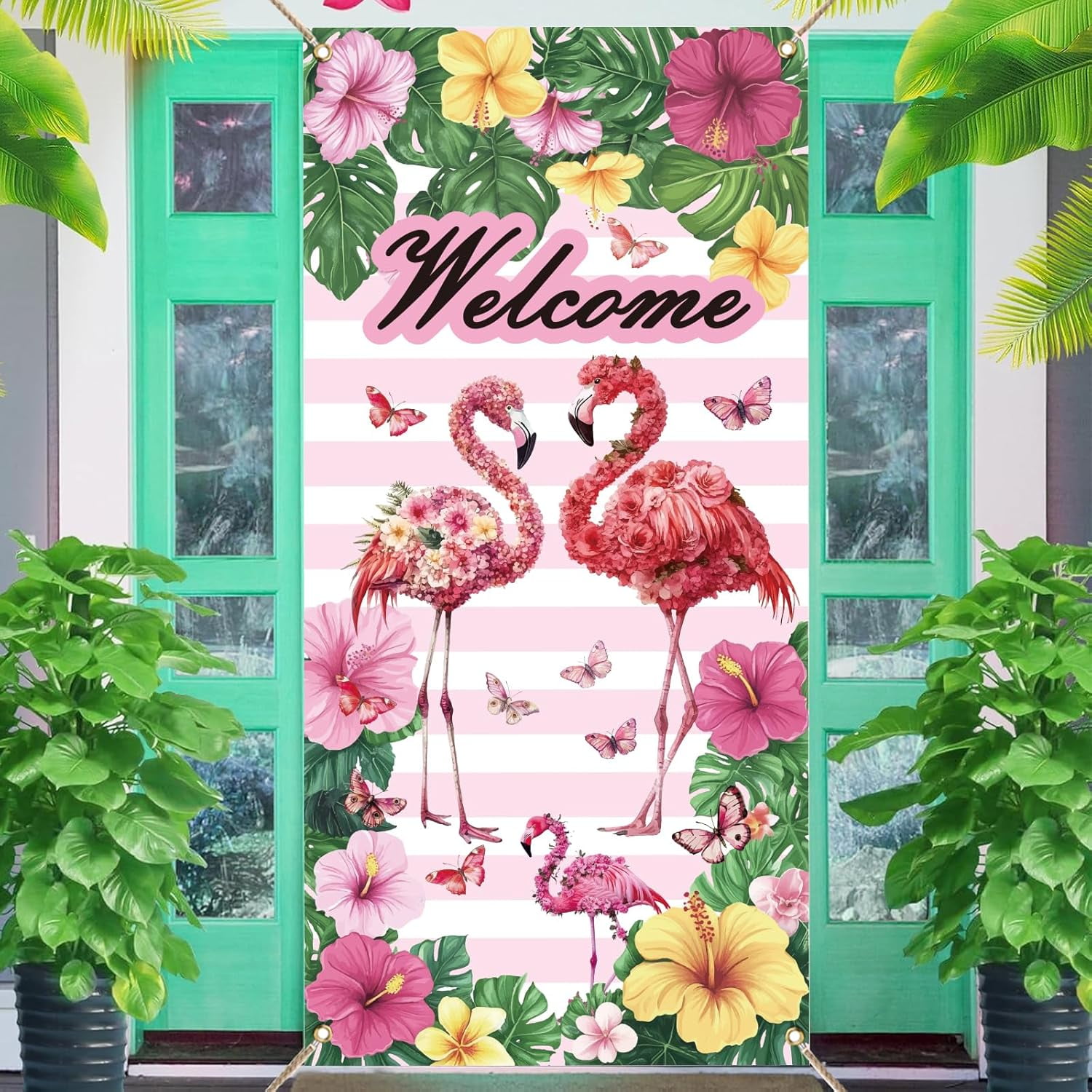 Floral Flamingo Welcome Door Banner Tropical Plants Hibiscus Door Cover Background Seasonal Porch Door Sign for Indoor Outdoor Decor Party Supplies Valentine's Day Decorations 35.4x72.8 Inch
