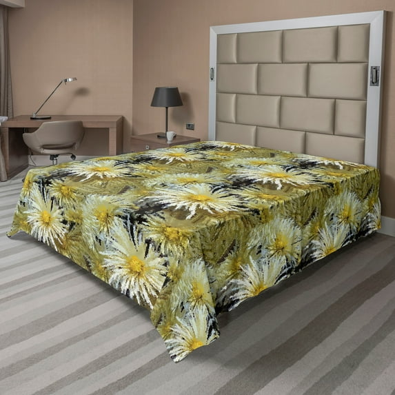 Ambesonne Floral Flat Bedding Sheet Soft Top Sheet, Abstract Art Style Asters, King, Mustard Khaki Black