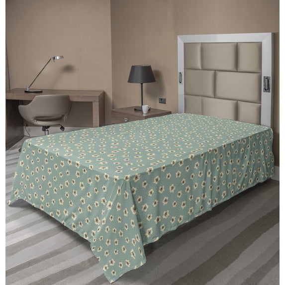 Floral Flat Sheet, Abstract Pastel Doodle Style Burgeoning Flowers and Spots Art Repetition, Soft Comfortable Top Sheet Decorative Bedding 1 Piece, 6 Sizes, Pale Teal and Cream, by Ambesonne
