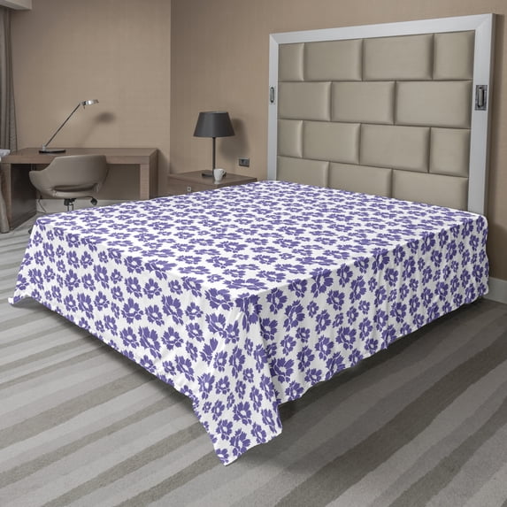 Floral Flat Sheet, Abstract Simple Peony Flowers in Monochrome Style on Plain Background, Soft Comfortable Top Sheet Decorative Bedding 1 Piece, 6 Sizes, Blue Violet and White, by Ambesonne