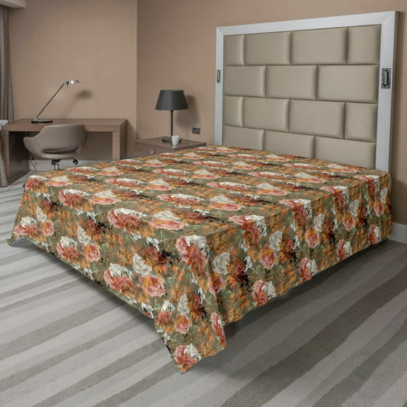 Ambesonne Floral Flat Bedding Sheet Soft Top Sheet, Flowers Roses Spring Season, California King, Sage Green Apricot and Pink