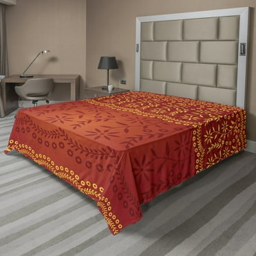 Ambesonne Floral Flat Sheet, Traditional and Leafy, California King, Vermilion Ruby