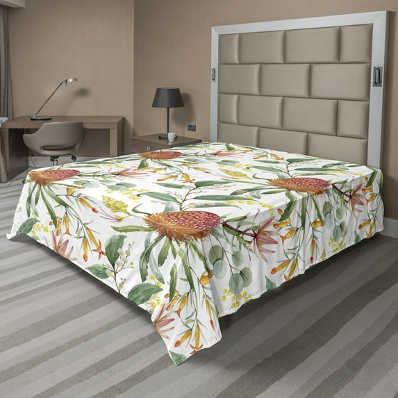 Ambesonne Floral Flat Bedding Sheet Soft Top Sheet, Australian Banksia Botanical, King, Laurel Green Multicolor
