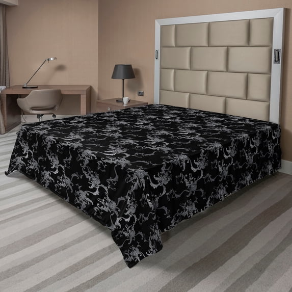 Ambesonne Floral Flat Bedding Sheet Soft Top Sheet, Baroque Flowers Goth Rococo, King, Grey Black and Charcoal Grey