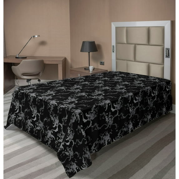 Ambesonne Floral Flat Bedding Sheet Soft Top Sheet, Baroque Flowers Goth Rococo, Twin XL, Grey Black and Charcoal Grey