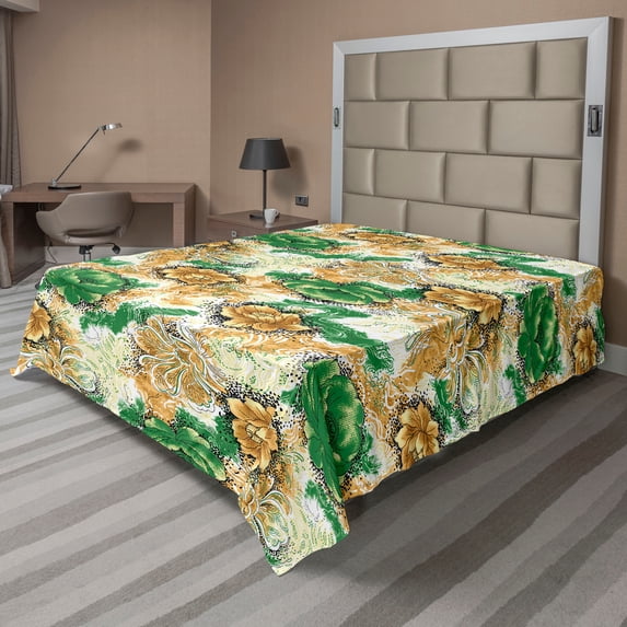 Ambesonne Floral Flat Bedding Sheet Soft Top Sheet, Bicolour Flowers Dotted Art, Full, Green and Amber
