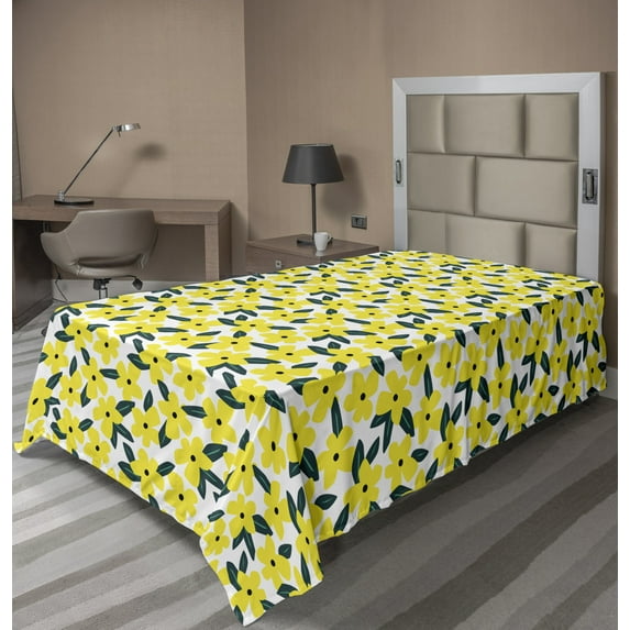 Floral Flat Sheet, Big Bold Flowers Summer Tone Colors Leaves Artwork on a Plain Background, Soft Comfortable Top Sheet Decorative Bedding 1 Piece, 6 Sizes, Yellow and Dark Teal, by Ambesonne