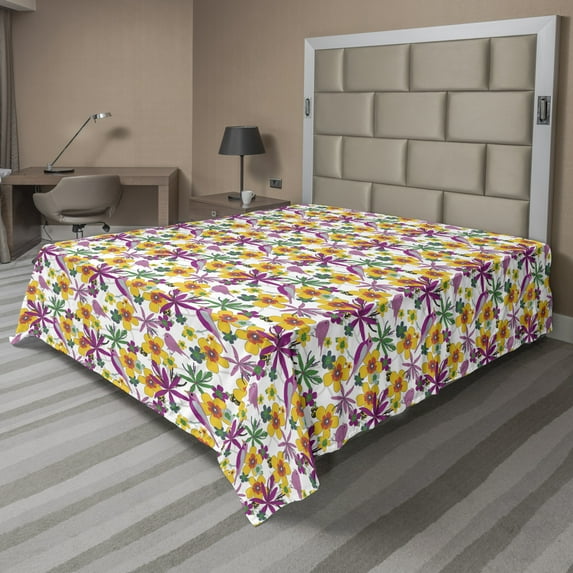 Ambesonne Floral Flat Sheet, Pointed Flowers Bird Leaves, Full Size, Dark Magenta Multicolor