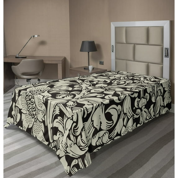 Ambesonne Floral Flat Sheet, Blossoming Vintage Flowers, TwinXL Size, Charcoal Grey