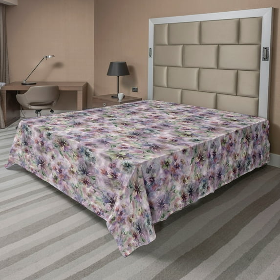Ambesonne Floral Flat Bedding Sheet Soft Top Sheet, Botanical Atmosphere Flowers, Queen, Grey Pink and Pistachio Green
