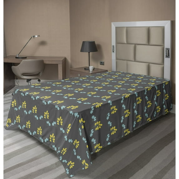 Floral Flat Sheet, Botanical Forest Bouquet Branches Summer Petals on Dark Background, Soft Comfortable Top Sheet Decorative Bedding 1 Piece, 6 Sizes, Mustard and Charcoal Grey, by Ambesonne